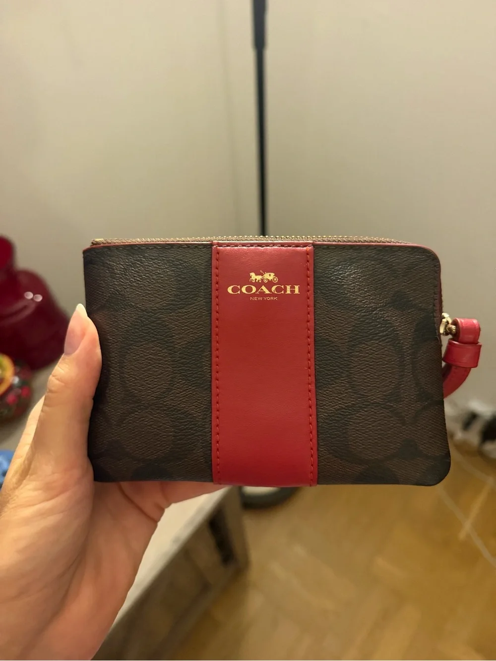 Coach Brown Signature Wristlet with Red Center Stripe
